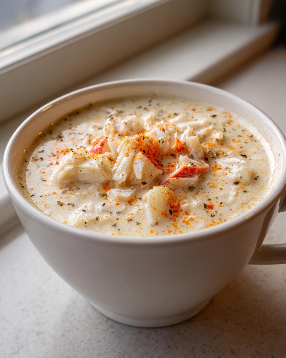 Close-up of a rich, creamy crab soup in a white mug, topped with large chunks of white crab meat and paprika.