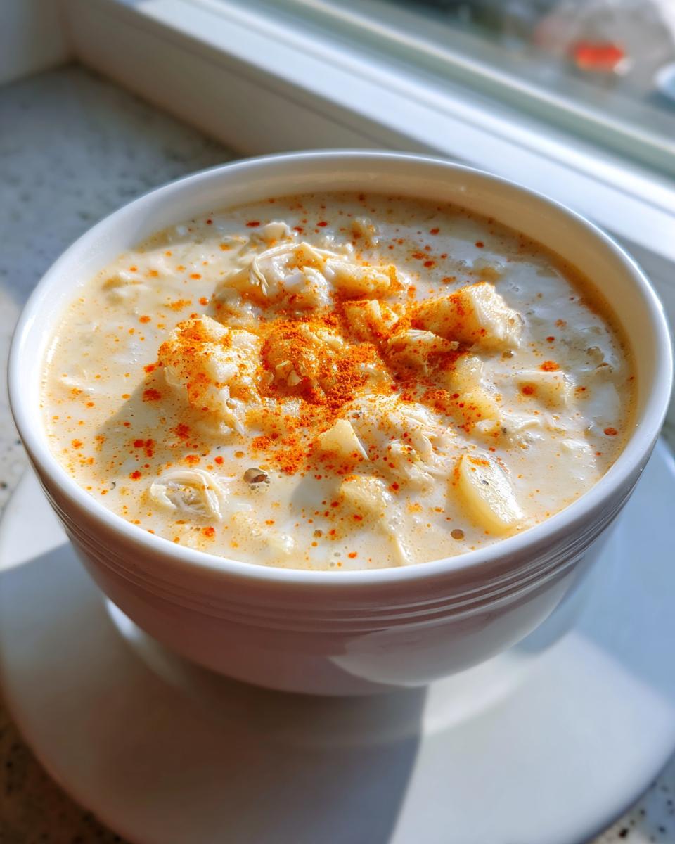 Close-up of a creamy bowl of amazing crab soup, topped generously with shredded crab meat and a dusting of bright red paprika.