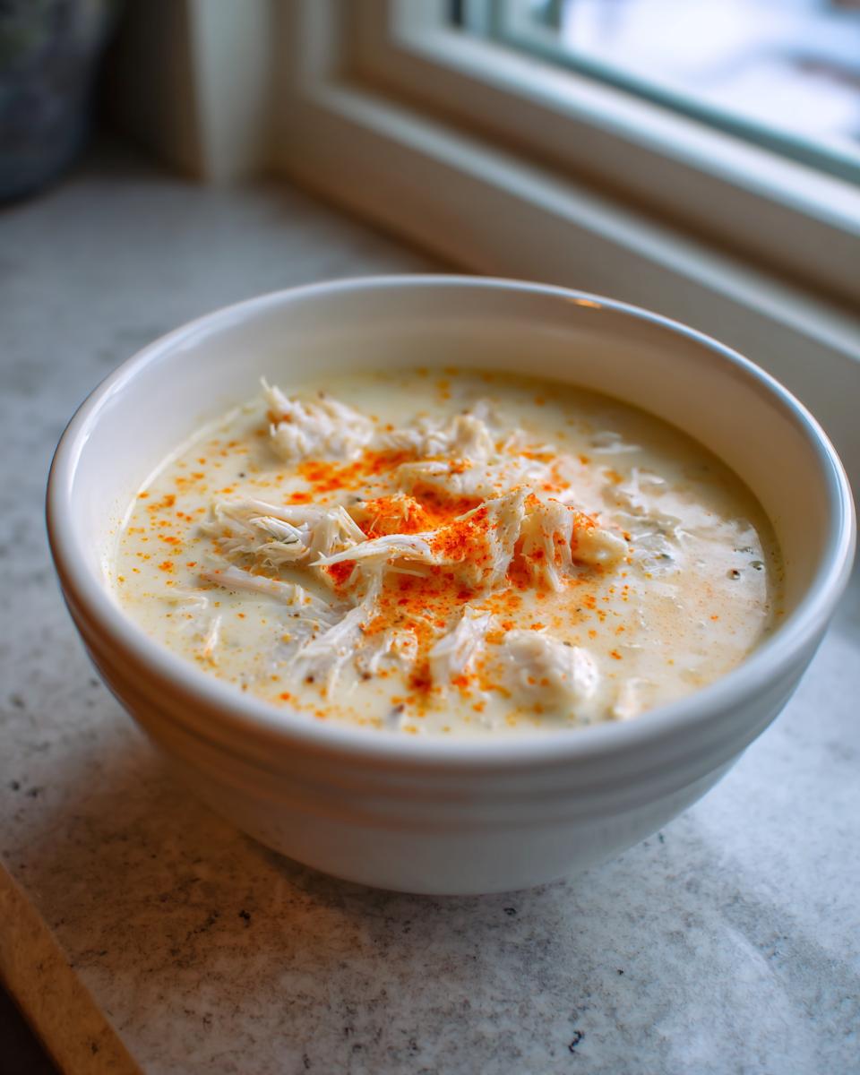 A close-up of a creamy crab soup in a white bowl, topped generously with shredded crab meat and a sprinkle of bright orange paprika.