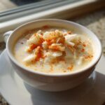 Close-up of a creamy bowl of crab soup, generously topped with white flaked crab meat and paprika.
