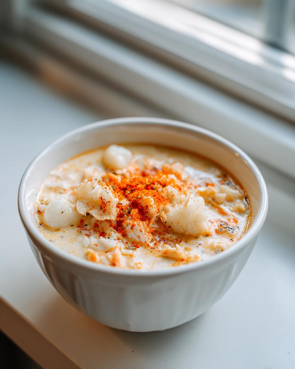 A close-up of creamy crab soup topped with large chunks of crab meat and paprika, served in a white bowl by a window.