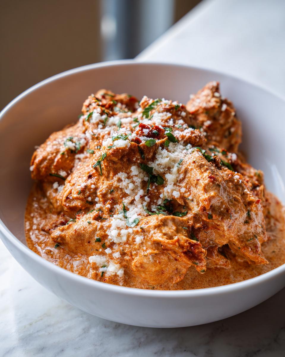 A close-up of rich, creamy crockpot marry me chicken topped with grated Parmesan and fresh parsley.