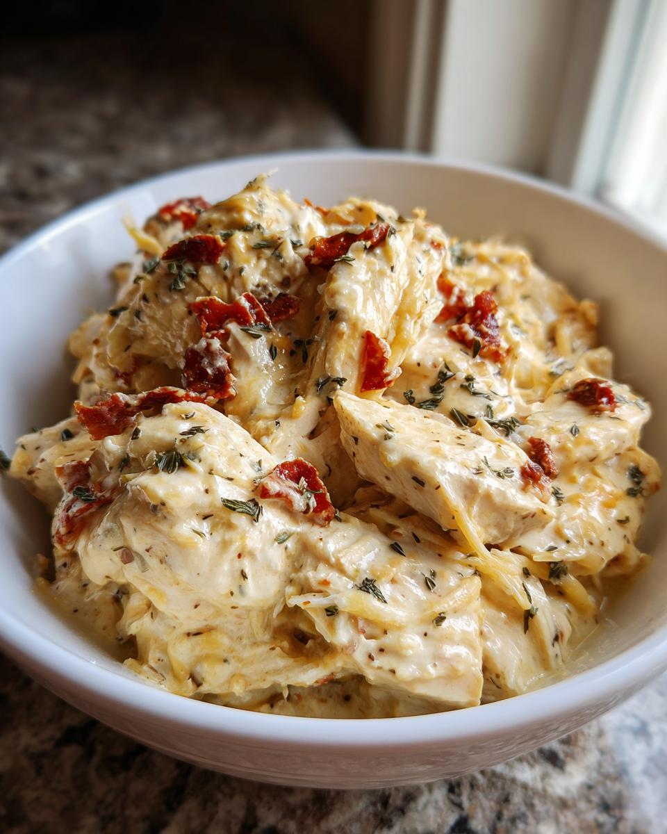 Close-up of tender chicken pieces coated in a creamy sauce, topped with sun-dried tomatoes and herbs, representing crockpot marry me chicken.