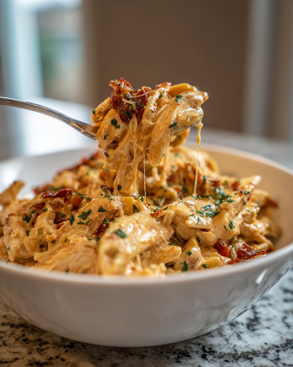 A fork lifts a cheesy, creamy portion of crockpot marry me chicken topped with sun-dried tomatoes and parsley.