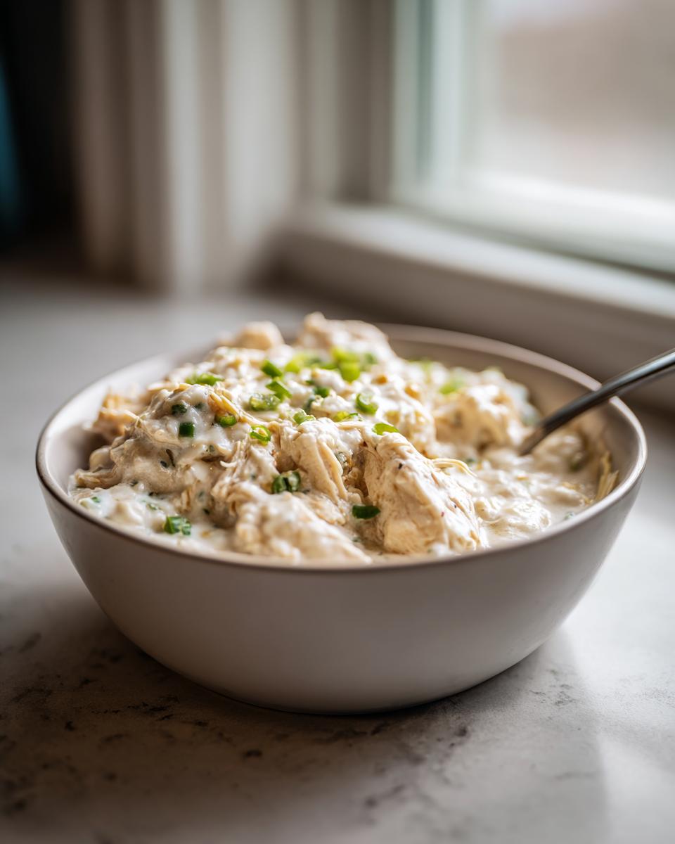 A close-up of creamy crockpot white chicken chili with shredded chicken, topped with fresh green onions.