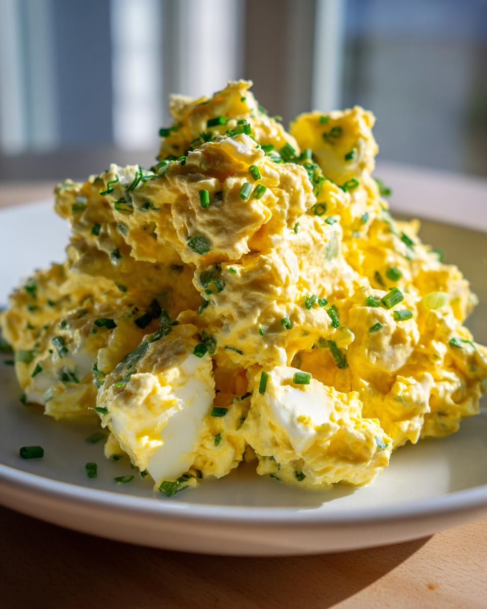 A mound of creamy, yellow egg salad recipe topped generously with fresh chopped green chives on a white plate.