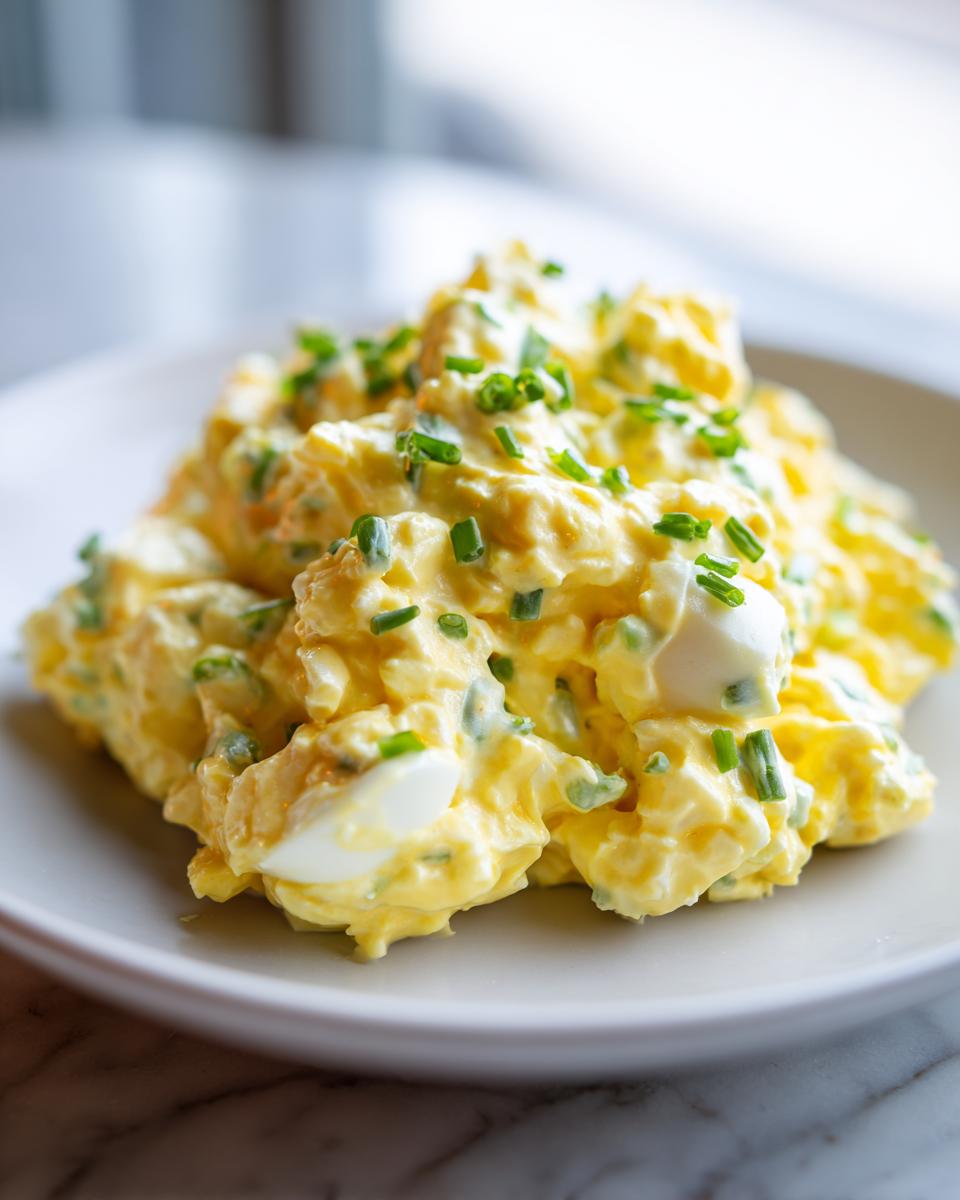 A close-up of creamy, bright yellow egg salad recipe garnished generously with fresh chopped chives on a white plate.