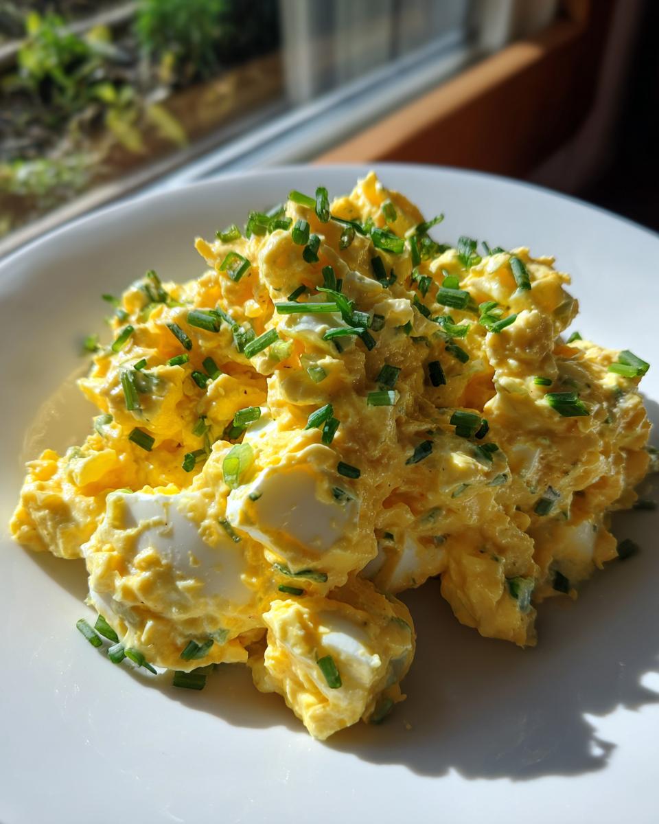 A close-up of creamy, yellow egg salad recipe generously topped with fresh, chopped green chives on a white plate.