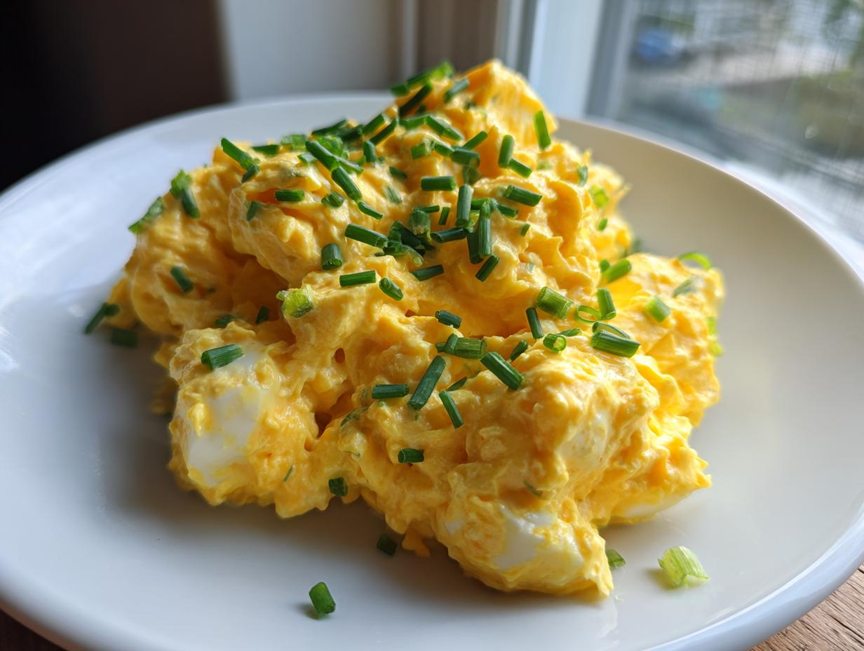 A close-up of creamy, bright yellow egg salad recipe generously topped with freshly chopped green chives on a white plate.