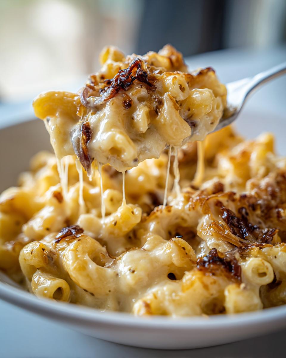 A fork lifting a bite of creamy french onion pasta, showing excellent cheese pull and topped with caramelized onions.