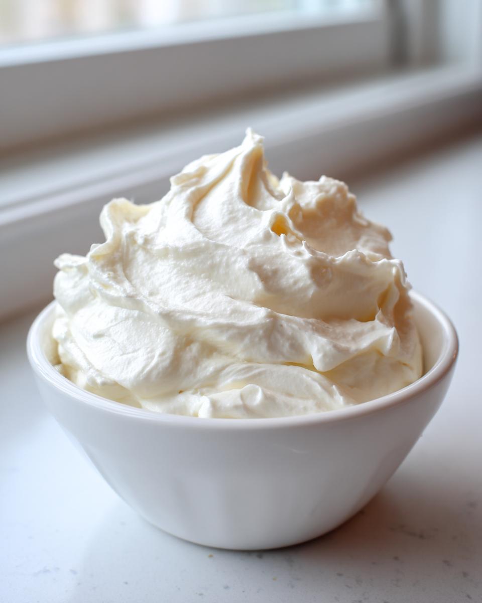 Close-up of thick, fluffy cream cheese fruit dip swirled high in a small white bowl.