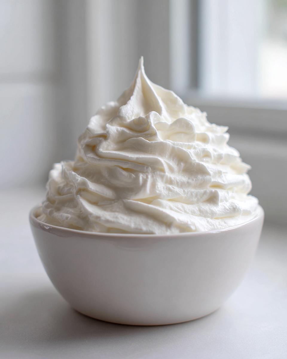 Close-up of fluffy, white cream cheese fruit dip swirled high in a small white bowl.
