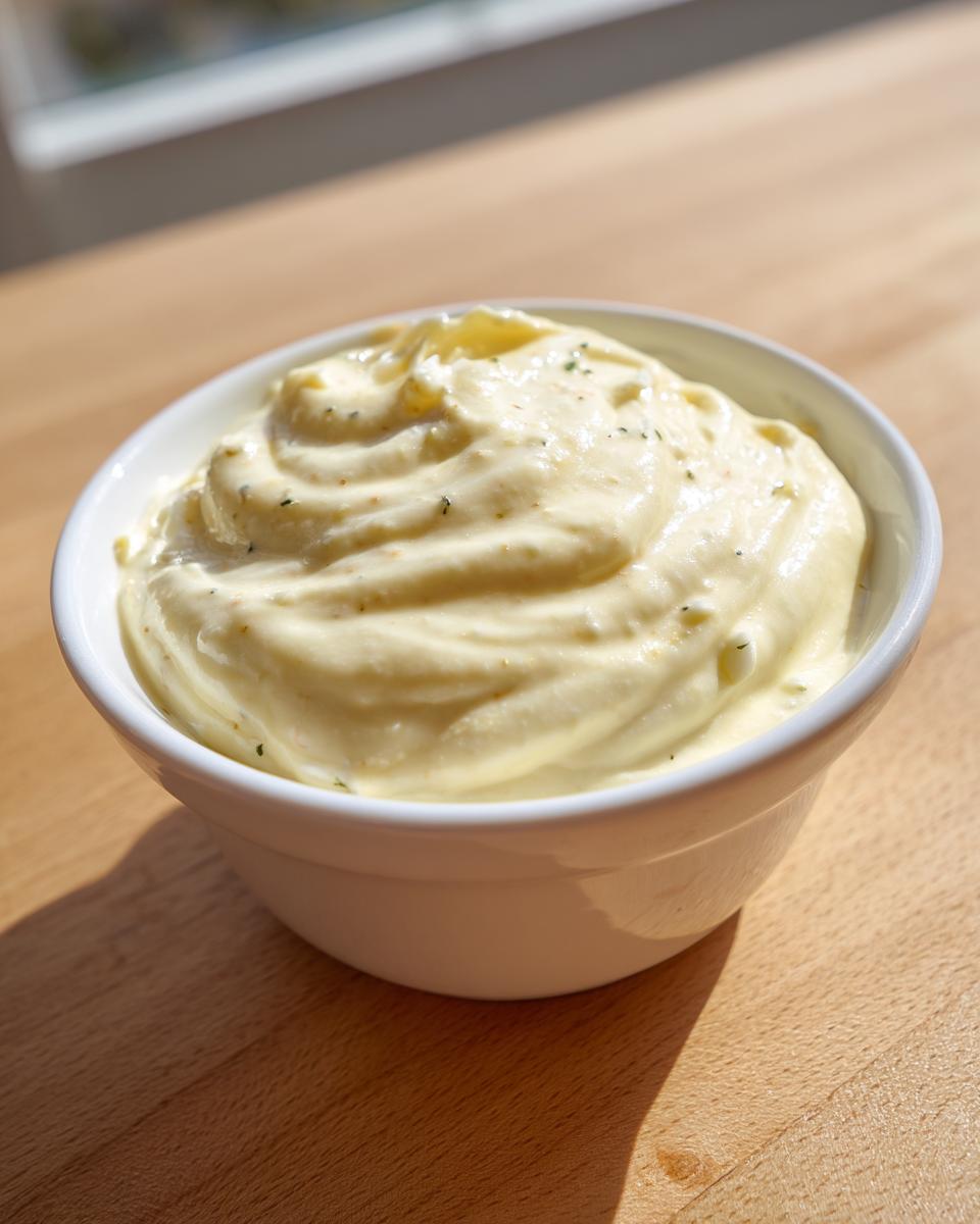 A close-up of thick, creamy homemade garlic aioli swirled in a small white bowl on a wooden surface.