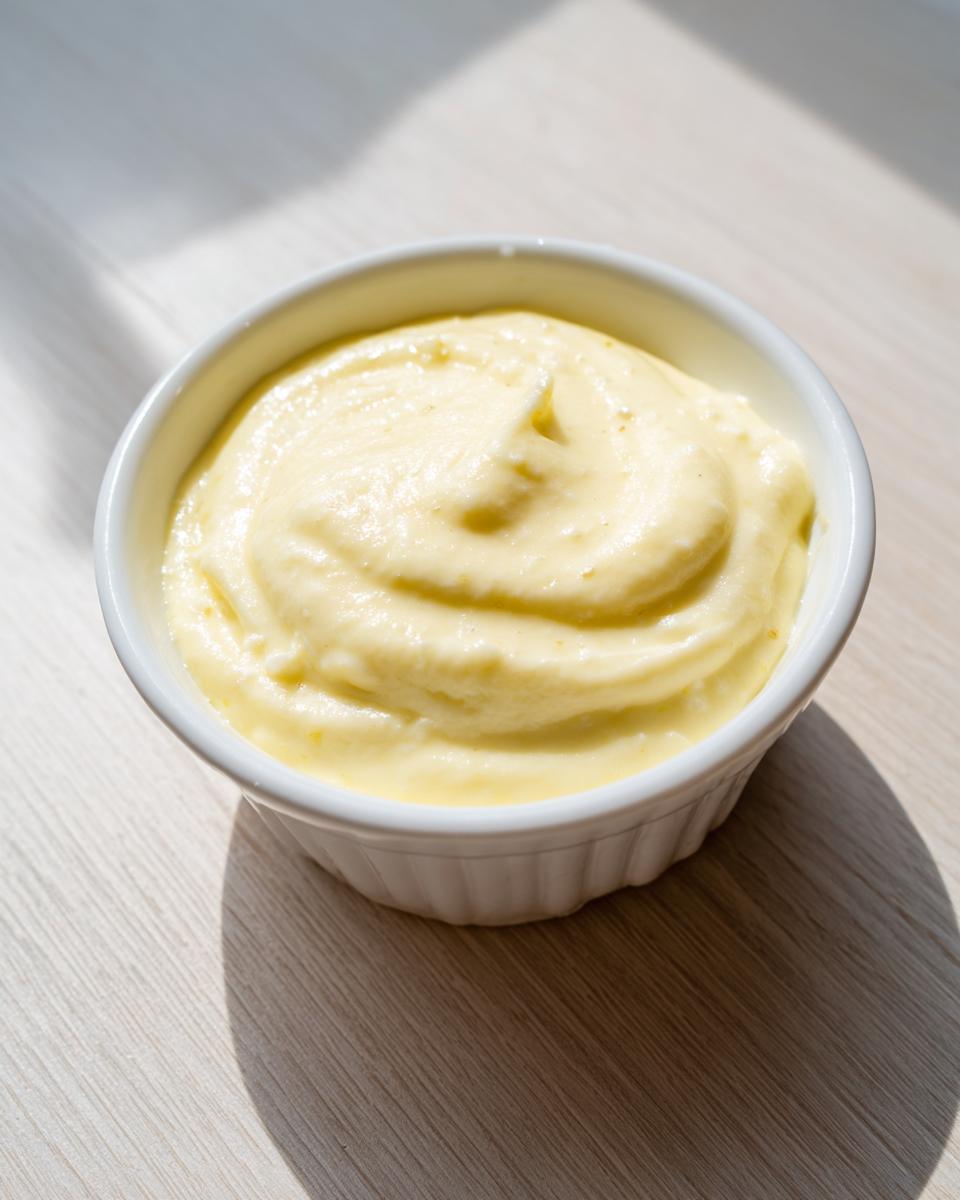 A close-up of thick, pale yellow homemade garlic aioli swirled in a small white ramekin.