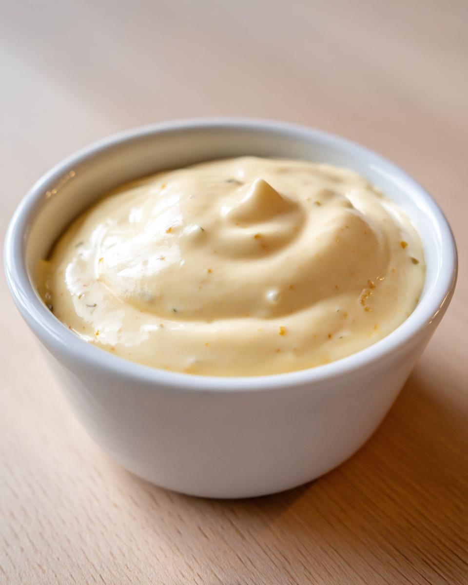 Close-up of creamy, pale yellow garlic aioli swirled in a small white bowl on a wooden surface.