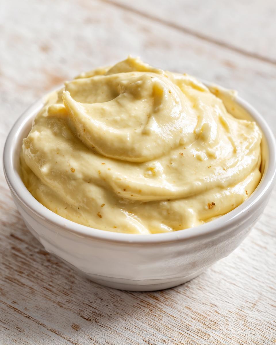 Close-up of thick, creamy homemade garlic aioli swirled in a small white bowl on a rustic white wooden surface.