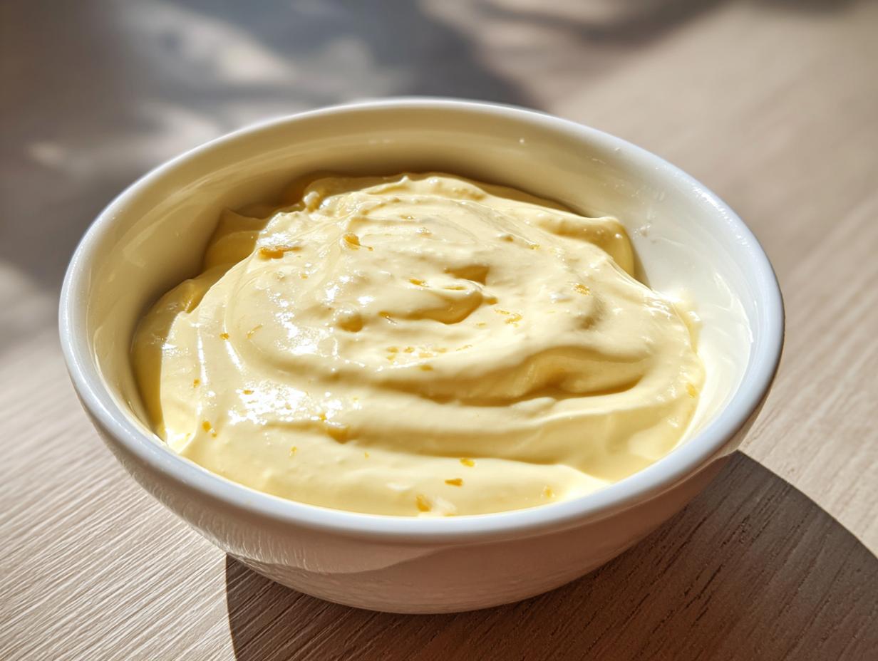 A close-up of rich, creamy garlic aioli swirled in a small white bowl, highlighted by natural light.