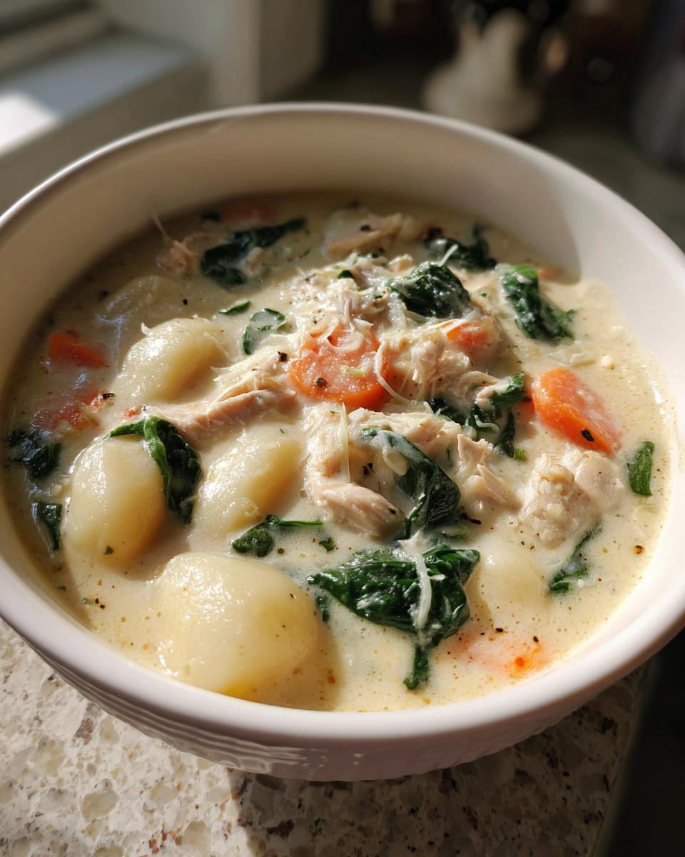 Close-up of a white bowl filled with creamy gnocchi soup featuring potato dumplings, shredded chicken, carrots, and spinach.