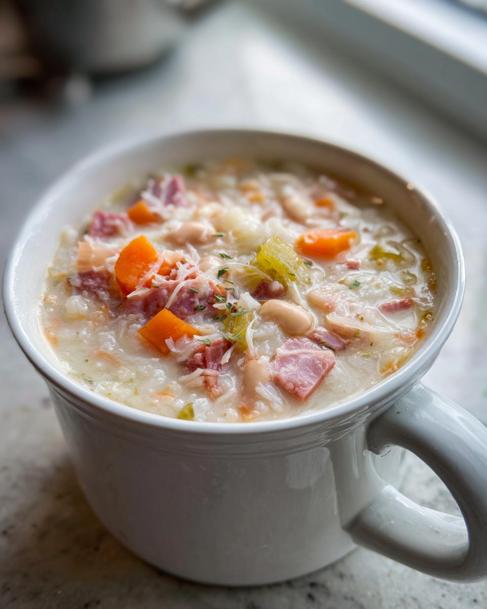 Close-up of creamy navy bean soup with chunks of ham, carrots, and celery, topped with grated cheese.