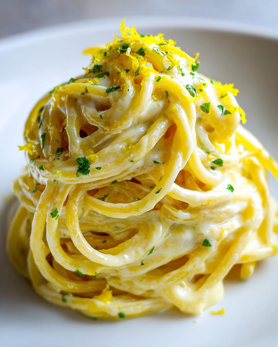 Close-up of a perfectly twirled portion of creamy lemon pasta topped with bright yellow lemon zest and chopped parsley.