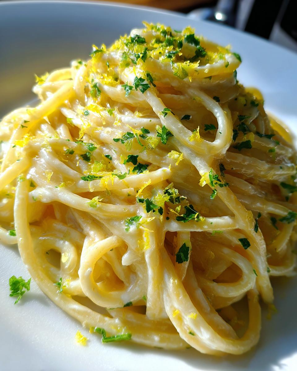 A close-up of creamy lemon pasta tossed in a rich sauce, topped generously with bright yellow lemon zest and chopped green parsley.