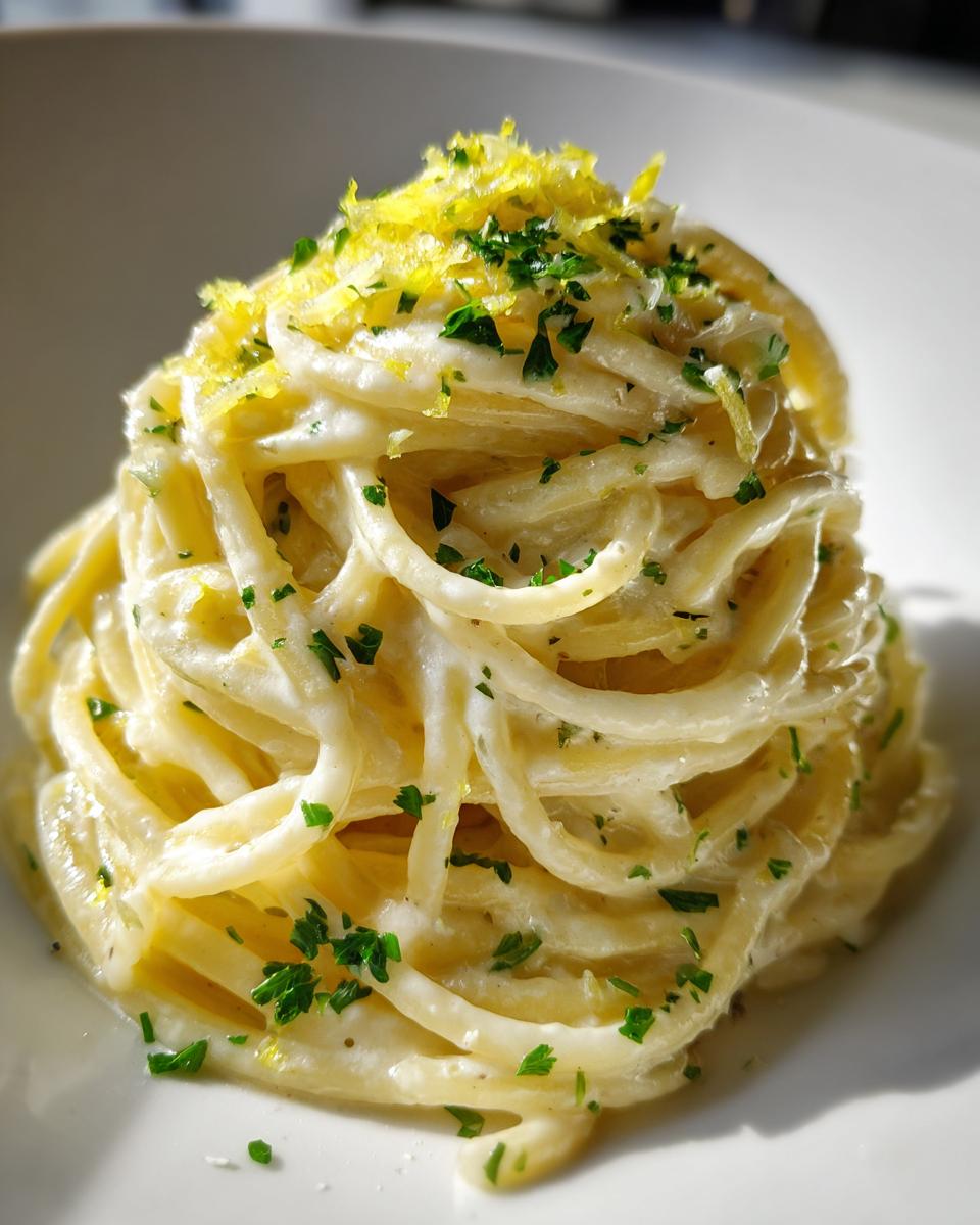 Close-up of a swirl of creamy lemon pasta topped with bright yellow lemon zest and chopped parsley.