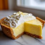 A close-up of a slice of creamy lemon pie with a graham cracker crust and topped with whipped cream and zest.