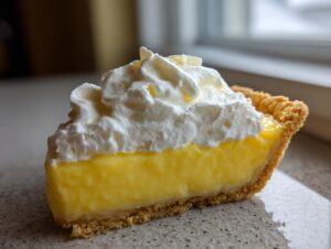 Close-up of a thick slice of creamy lemon pie featuring bright yellow filling, a graham cracker crust, and a generous topping of whipped cream.