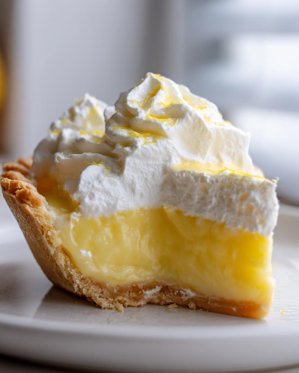 A close-up slice of creamy lemon pie showing the bright yellow filling, flaky crust, and tall swirl of whipped cream.