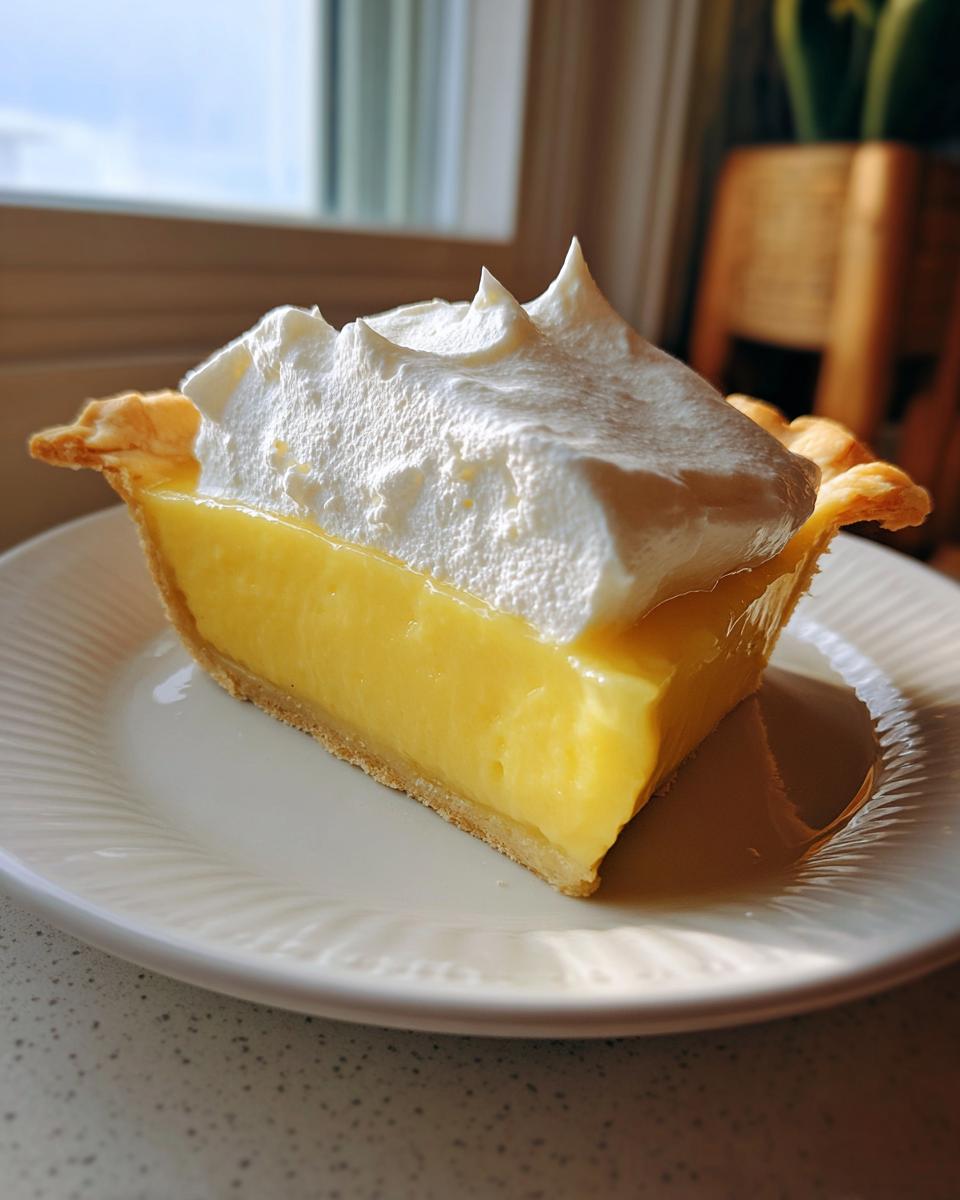 A perfect slice of creamy lemon pie topped high with fluffy white meringue, sitting on a white plate.