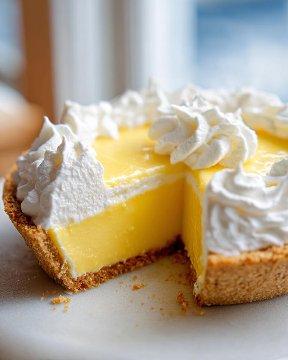 Close-up of a slice removed from a creamy lemon pie, showing the bright yellow filling and graham cracker crust topped with whipped cream.
