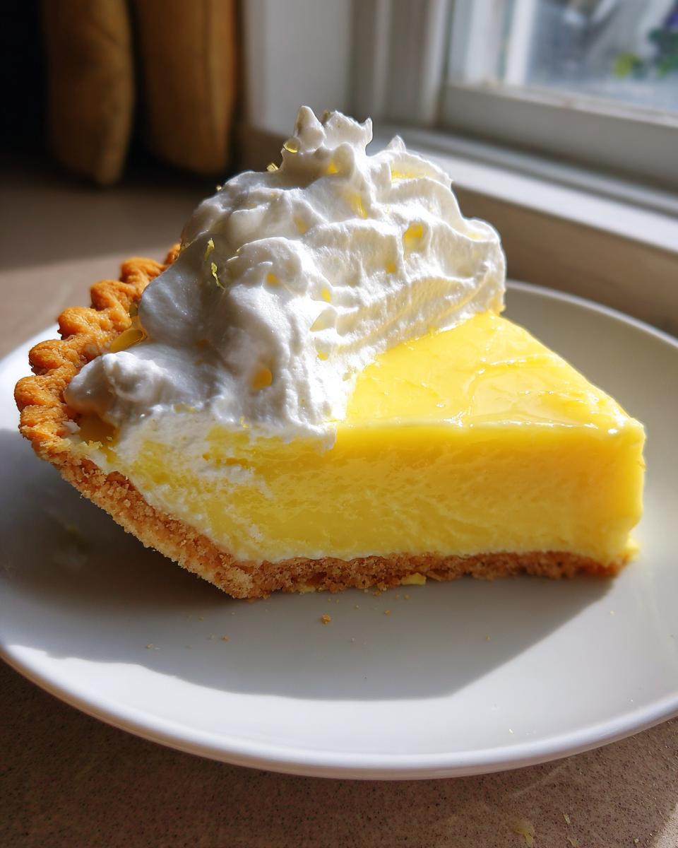 A perfect slice of creamy lemon pie topped with a generous swirl of whipped cream, sitting on a white plate.