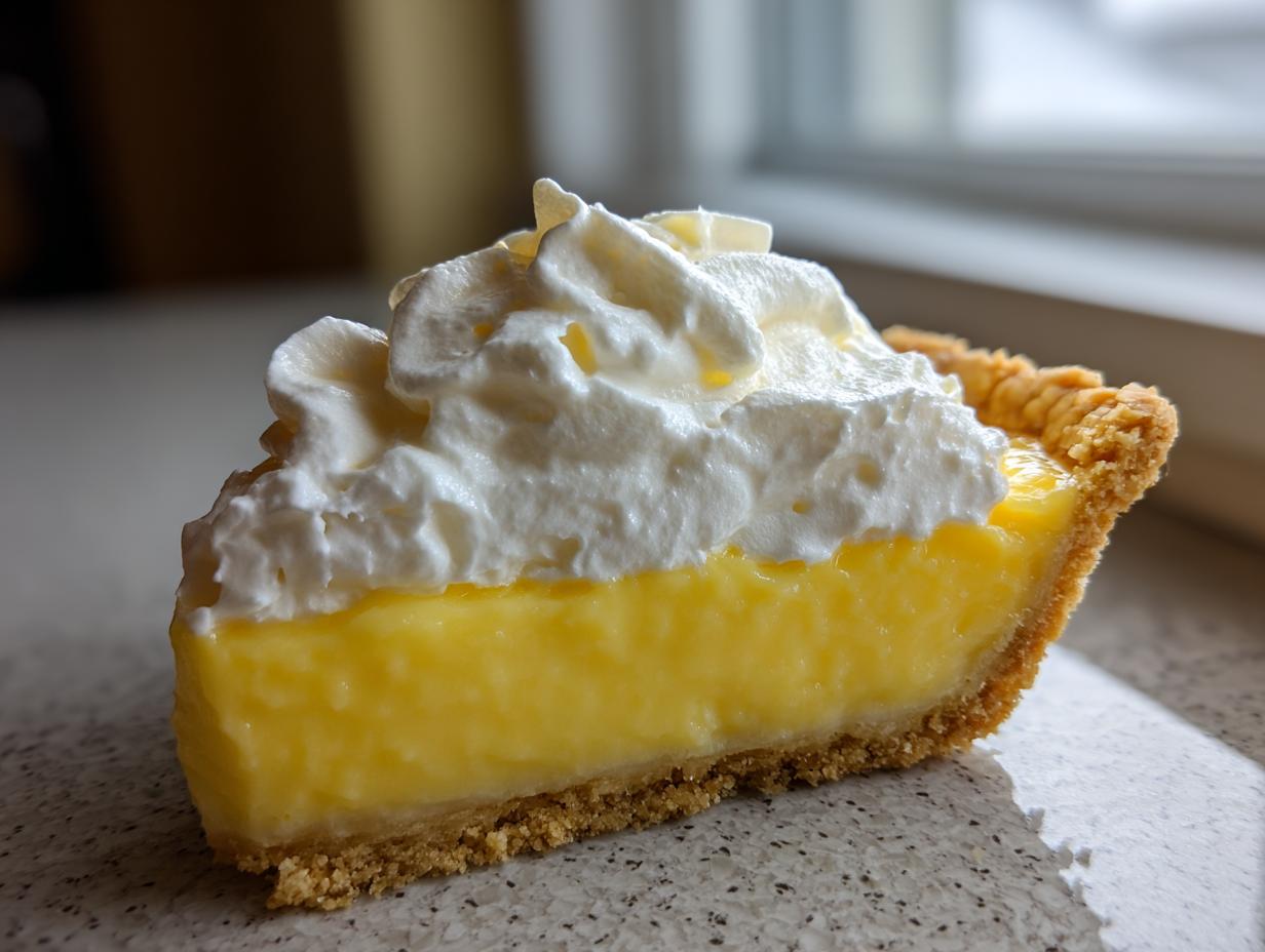 Close-up of a thick slice of creamy lemon pie featuring bright yellow filling, a graham cracker crust, and a generous topping of whipped cream.