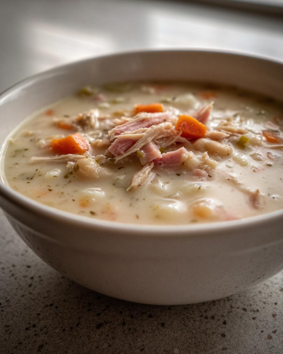 Close-up of a creamy navy bean soup topped with shredded ham, diced carrots, and herbs in a white bowl.