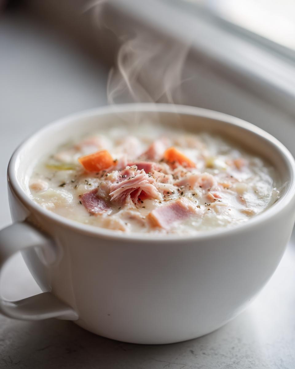 Close-up of a steaming white mug filled with creamy navy bean soup, topped with ham chunks and carrots.