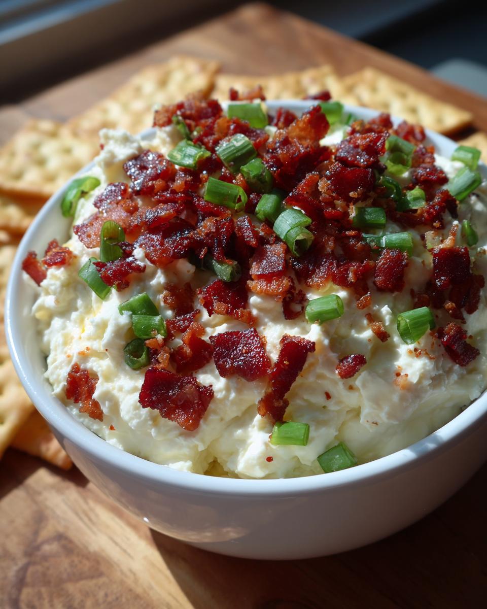 A white bowl filled with creamy Neiman Marcus dip, generously topped with crispy bacon bits and sliced green onions.