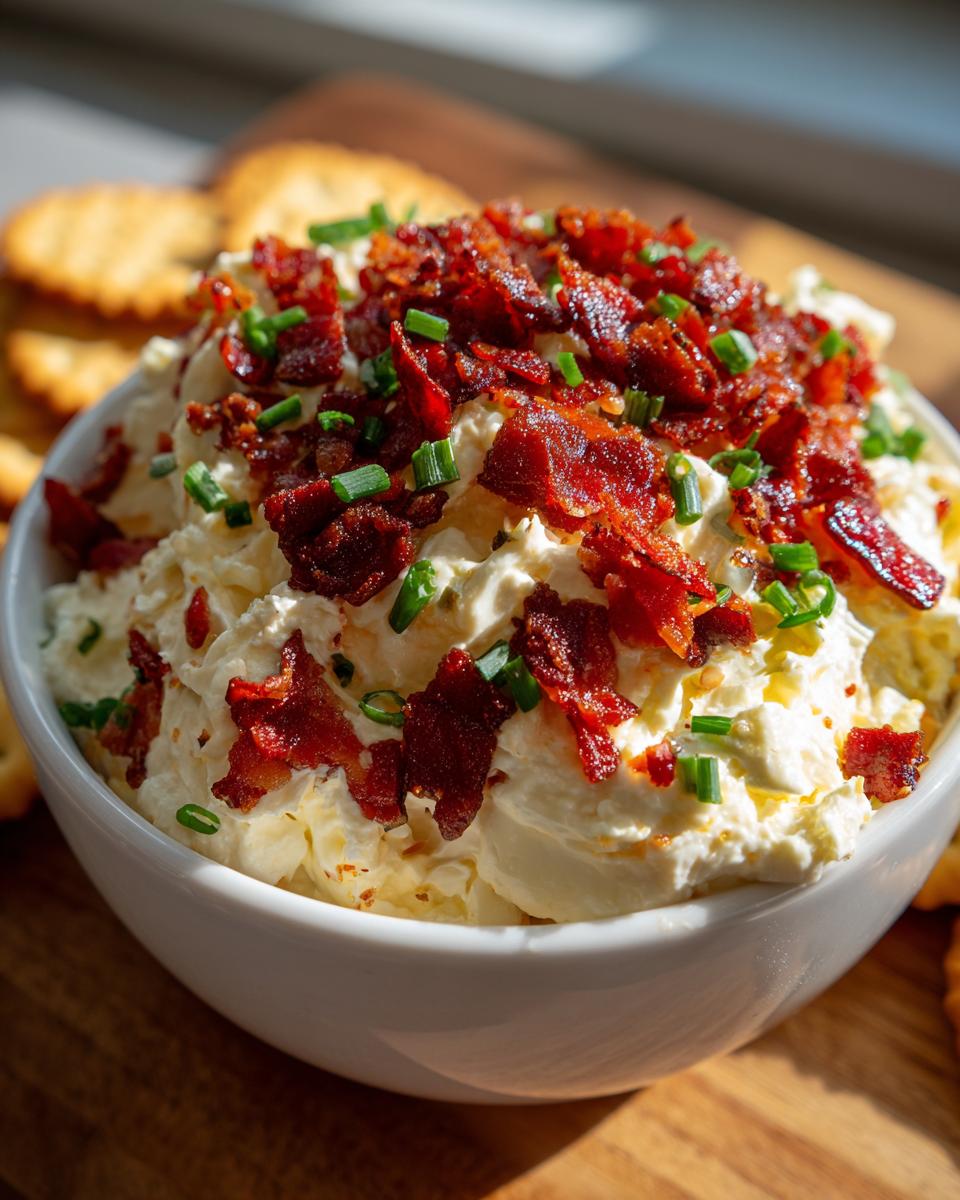 A close-up of the Neiman Marcus dip, a creamy white dip topped generously with crumbled bacon and chopped green chives, served with crackers.