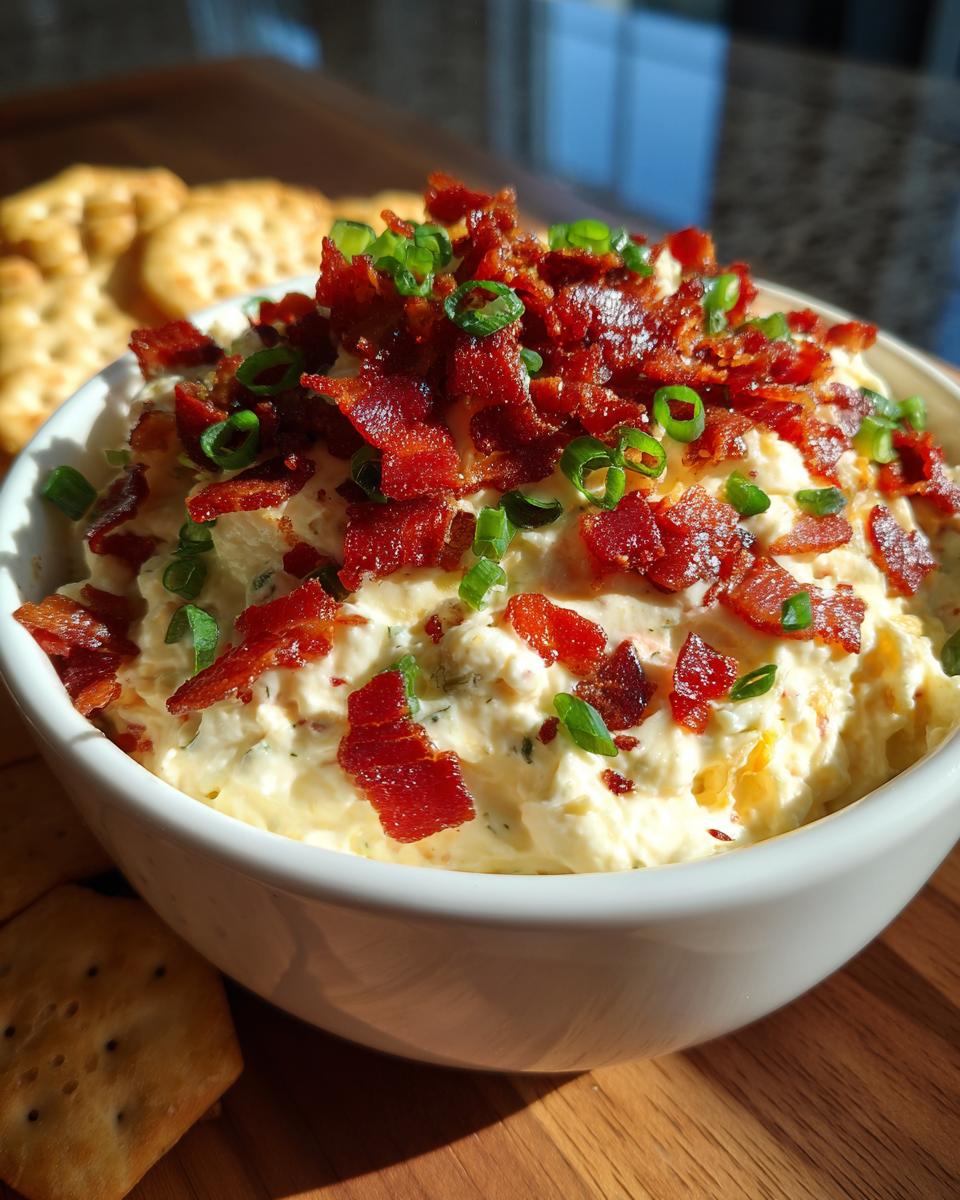 A close-up of creamy Neiman Marcus dip in a white bowl, generously topped with crispy bacon bits and sliced green onions.