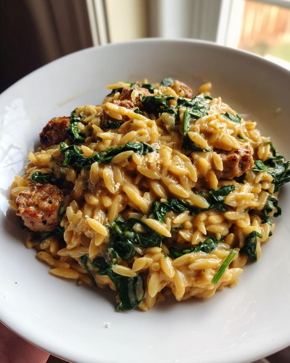 A close-up of creamy orzo pasta mixed with spinach and browned sausage pieces served in a white bowl.
