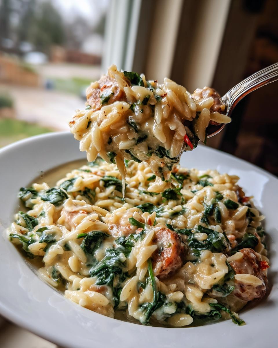 A spoonful of creamy orzo pasta mixed with spinach and sausage being lifted from a white bowl.