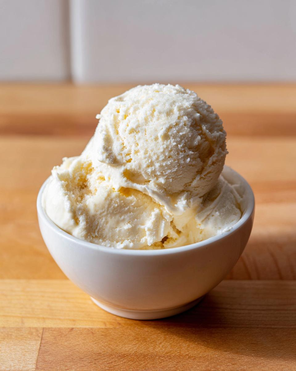 A perfect scoop of creamy, vanilla-colored protein ice cream served in a small white bowl on a wooden surface.