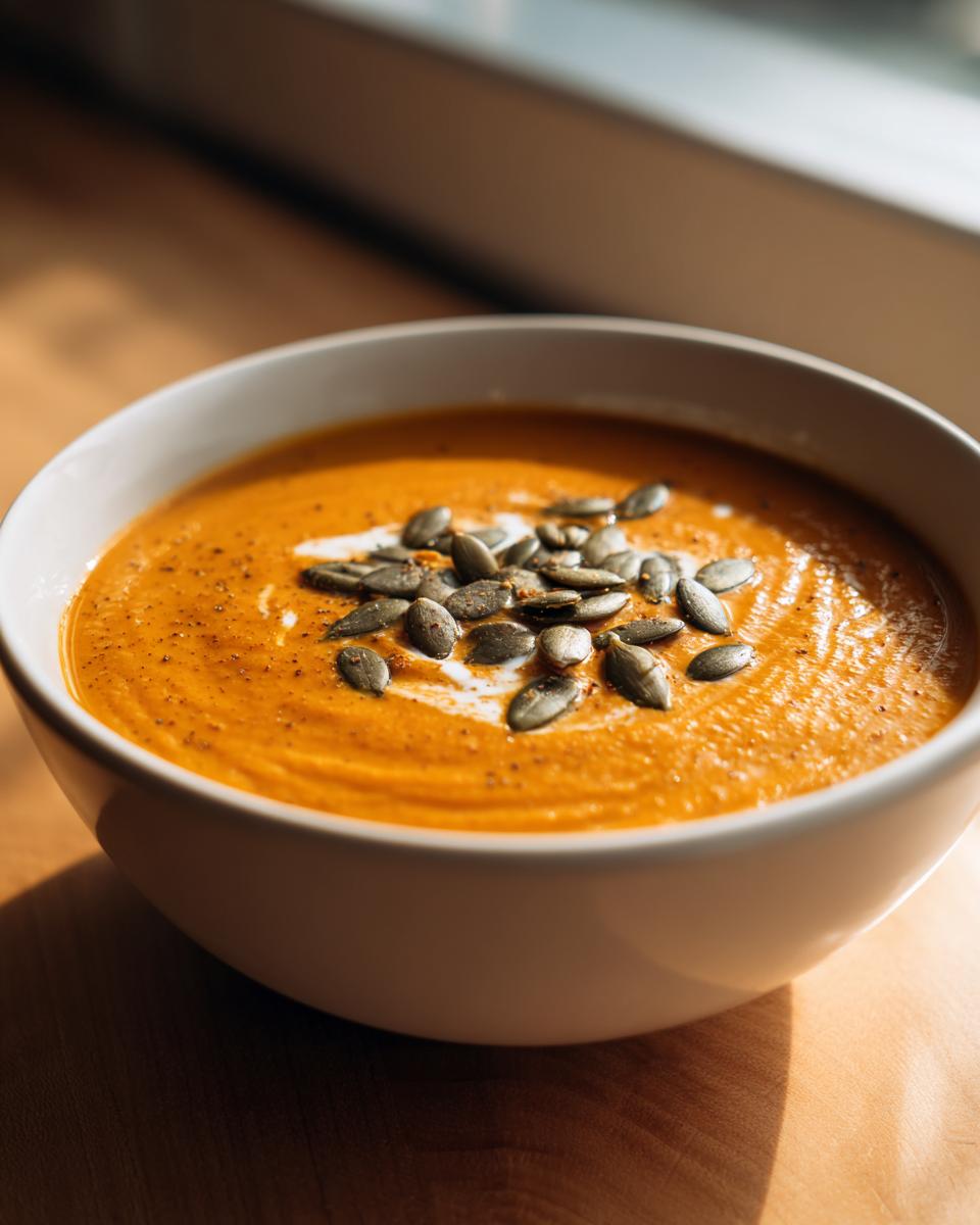 A close-up of creamy, vibrant orange pumpkin soup garnished with pumpkin seeds (pepitas) and a swirl of cream.