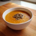 A close-up of creamy orange pumpkin soup in a white bowl, garnished with toasted pumpkin seeds (pepitas).