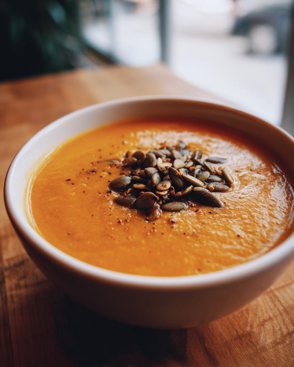 A close-up of a bowl of vibrant orange pumpkin soup garnished with toasted pumpkin seeds (pepitas).