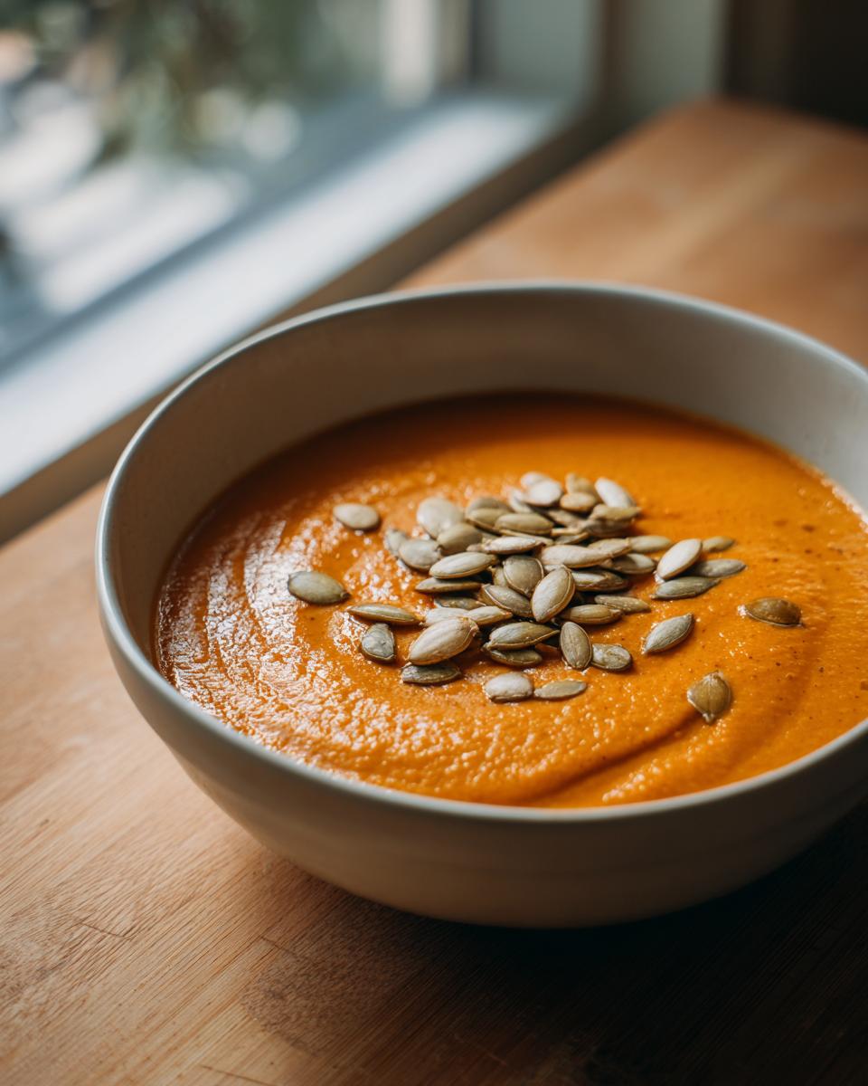 Close-up of a bowl of vibrant orange pumpkin soup garnished generously with toasted pumpkin seeds.