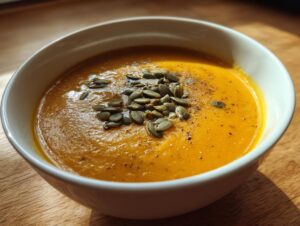 A close-up of vibrant orange pumpkin soup in a white bowl, garnished with toasted pumpkin seeds.