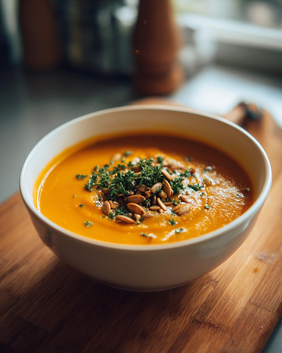 A vibrant bowl of creamy orange pumpkin soup garnished with toasted pumpkin seeds and fresh green herbs.
