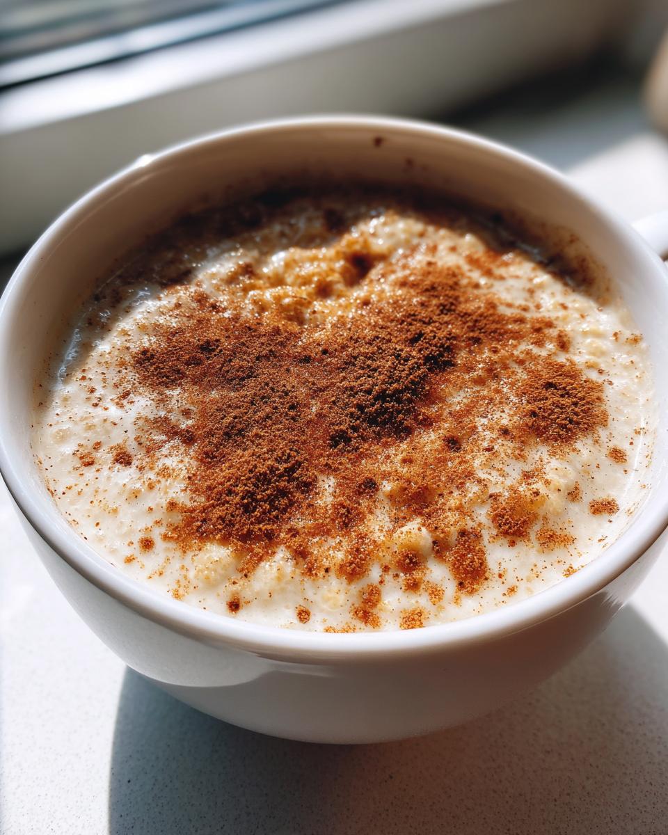 Close-up of a warm bowl of creamy rice pudding generously sprinkled with ground cinnamon.