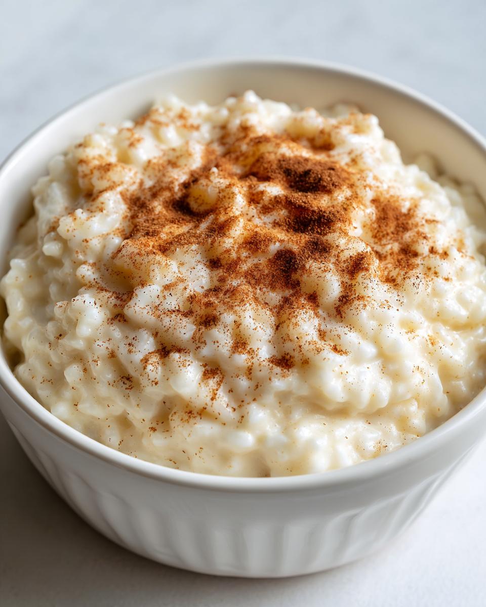 Close-up of creamy rice pudding served in a white bowl and dusted generously with cinnamon.