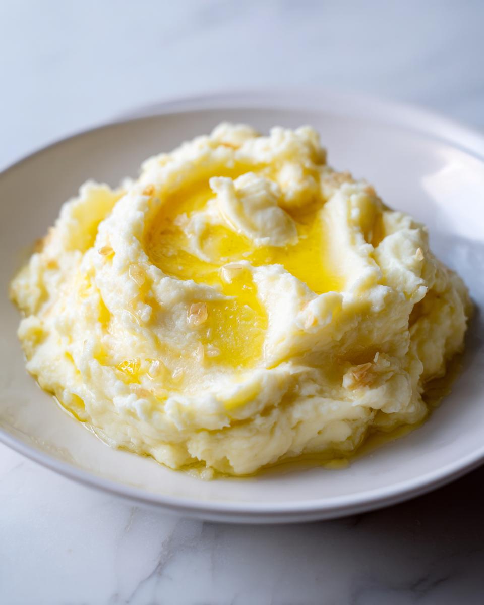 A close-up of creamy roasted garlic mashed potatoes topped with a pool of melted butter and visible garlic pieces.